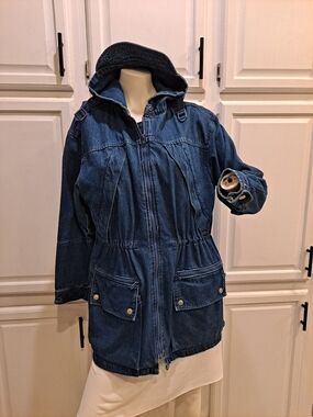 Poetic License Dark Blue Denim Utility Jacket W/Hood For All Seasons Vintage